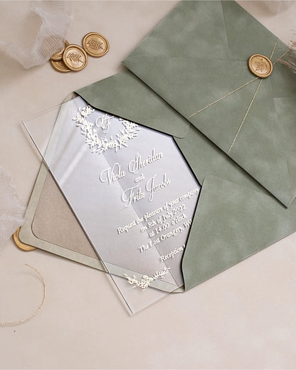Fiori Acrylic Wedding Invitation on Sage Green velvet envelope with gold wax seals — Polina Perri