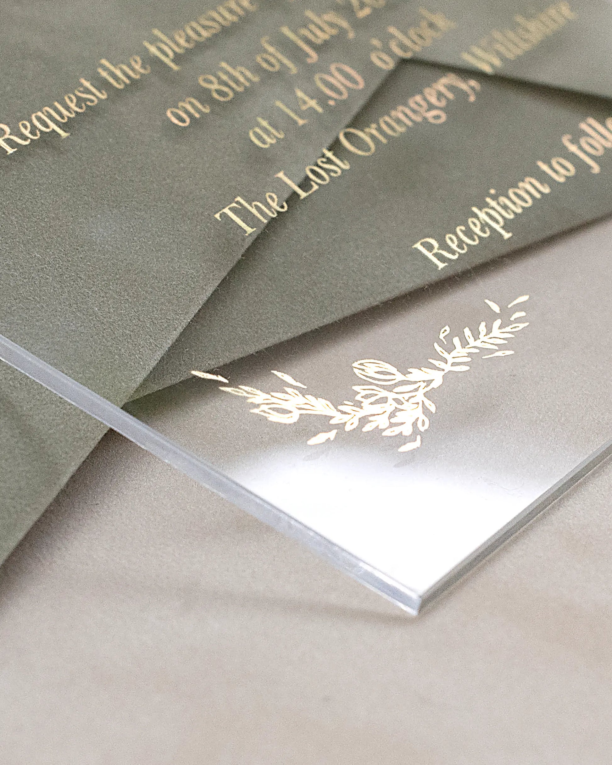 Fiori Acrylic Wedding Invitation edge detail with white foil botanical motif on Sage Green velvet envelope — Polina Perri