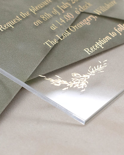 Fiori Acrylic Wedding Invitation edge detail with white foil botanical motif on Sage Green velvet envelope — Polina Perri