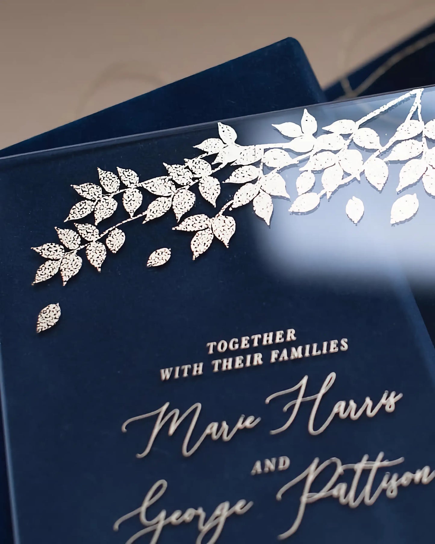 Foliage Acrylic wedding invitation close-up with white foil foliage and gold script on clear acrylic — Polina Perri