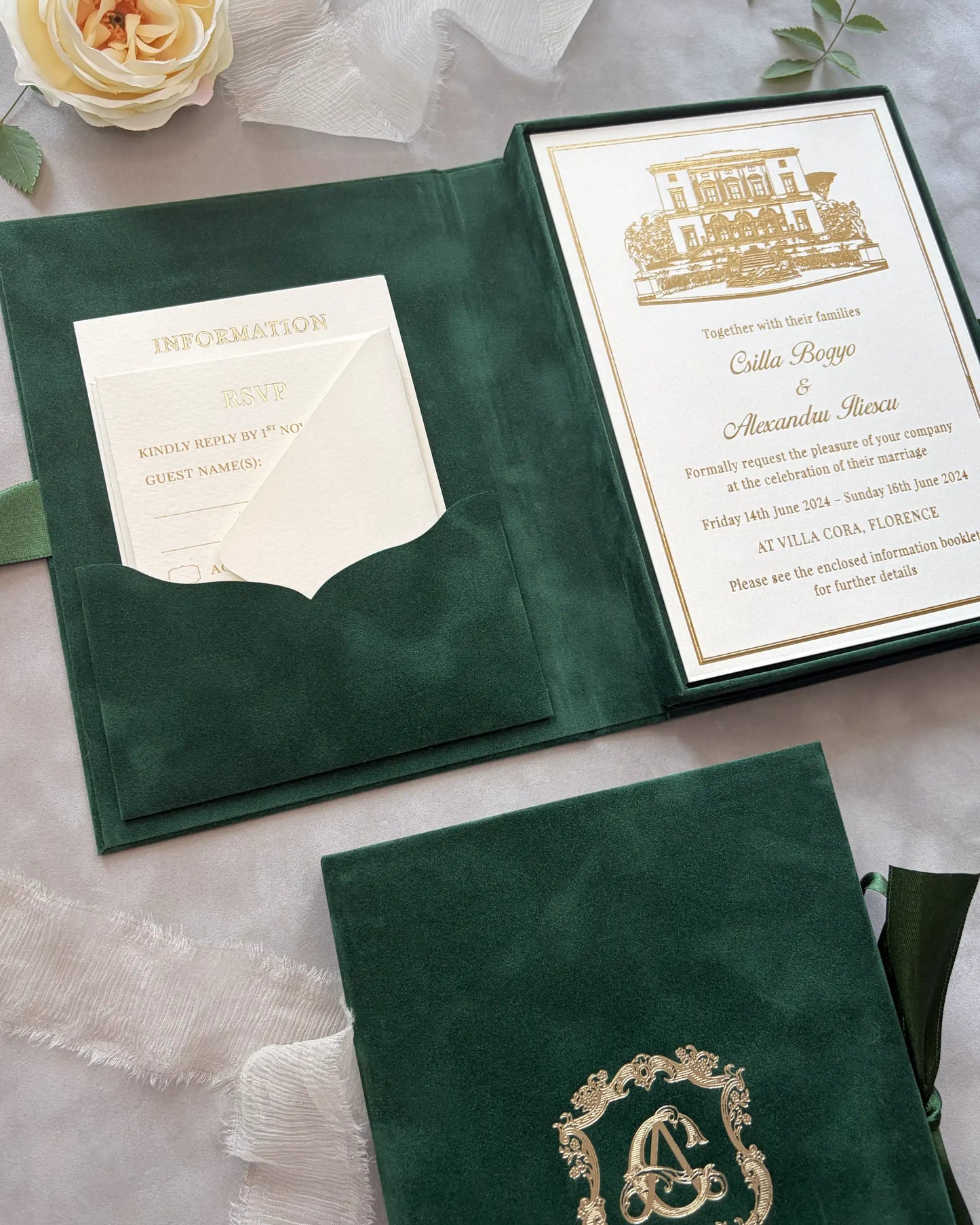 Forest Green velvet boxed invitation open with Villa Cora acrylic insert, Information and RSVP pocket — Polina Perri