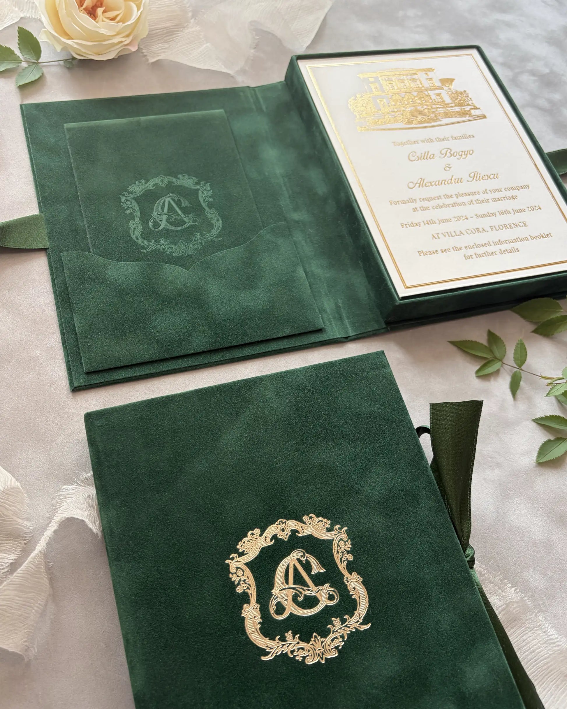 Forest Green velvet boxed invitation open with Villa Cora acrylic insert and gold monogram cover — Polina Perri