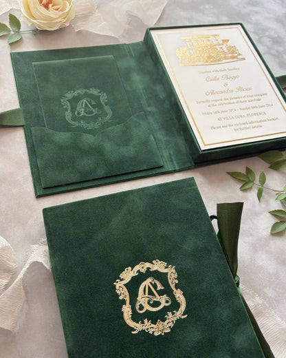 Forest Green velvet boxed invitation open with Villa Cora acrylic insert and gold monogram cover — Polina Perri