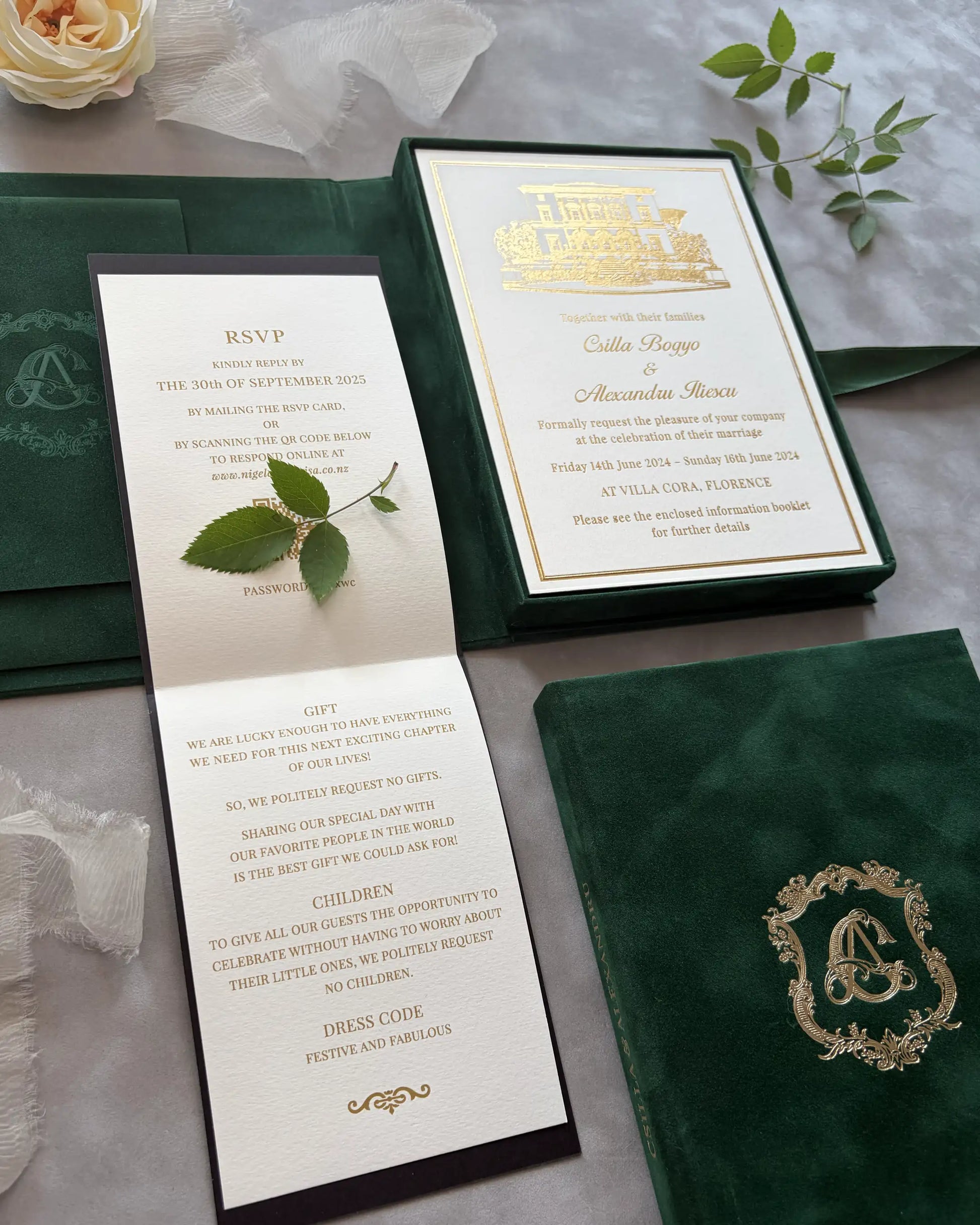Forest Green velvet boxed invitation with Villa Cora acrylic insert and RSVP card — Polina Perri