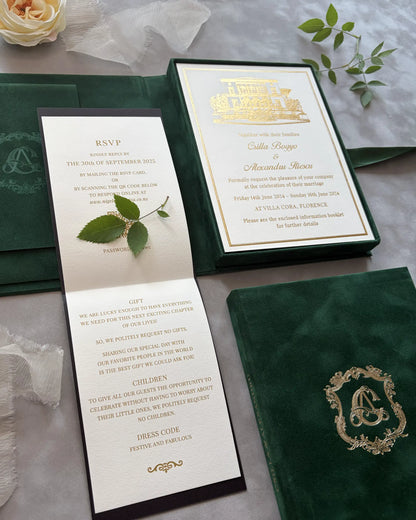 Forest Green velvet boxed invitation with Villa Cora acrylic insert and RSVP card — Polina Perri