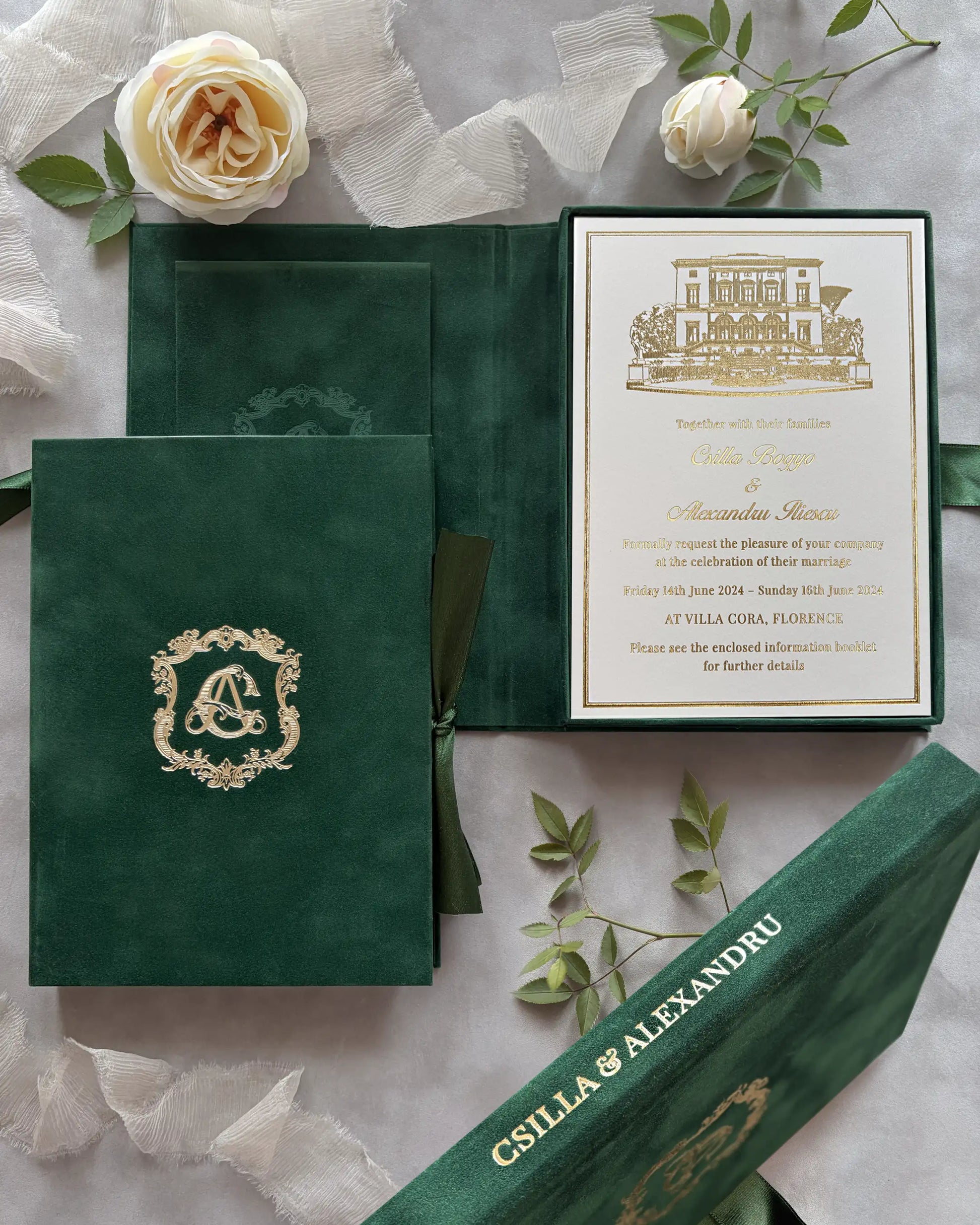 Forest Green velvet boxed wedding invitation with Villa Cora venue illustration, gold monogram and satin ribbon — Polina Perri