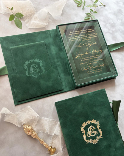 orest Green velvet boxed invitation open with gold acrylic insert and gold foil monogram cover — Polina Perri