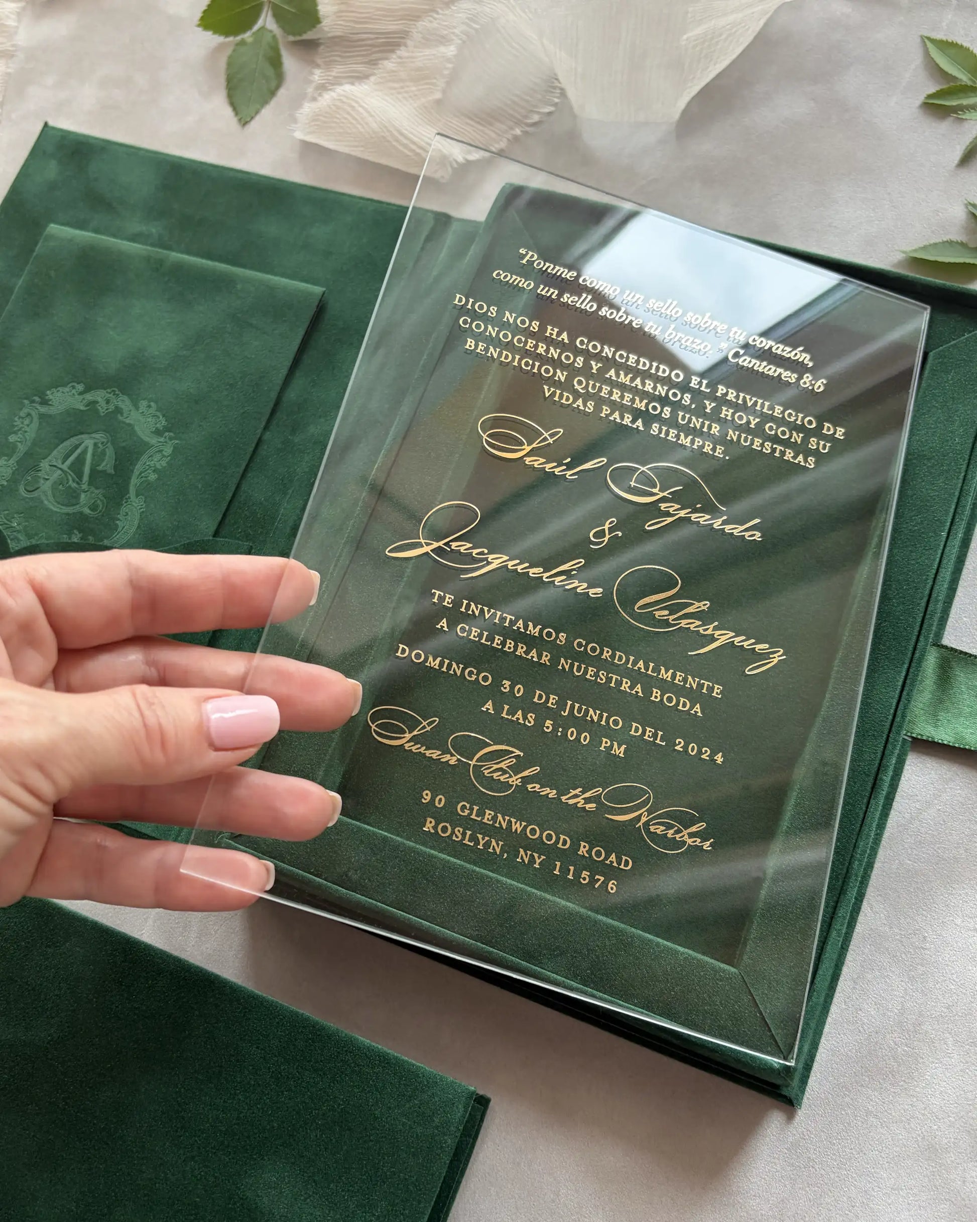 Forest Green velvet boxed invitation with gold acrylic insert close-up — Polina Perri