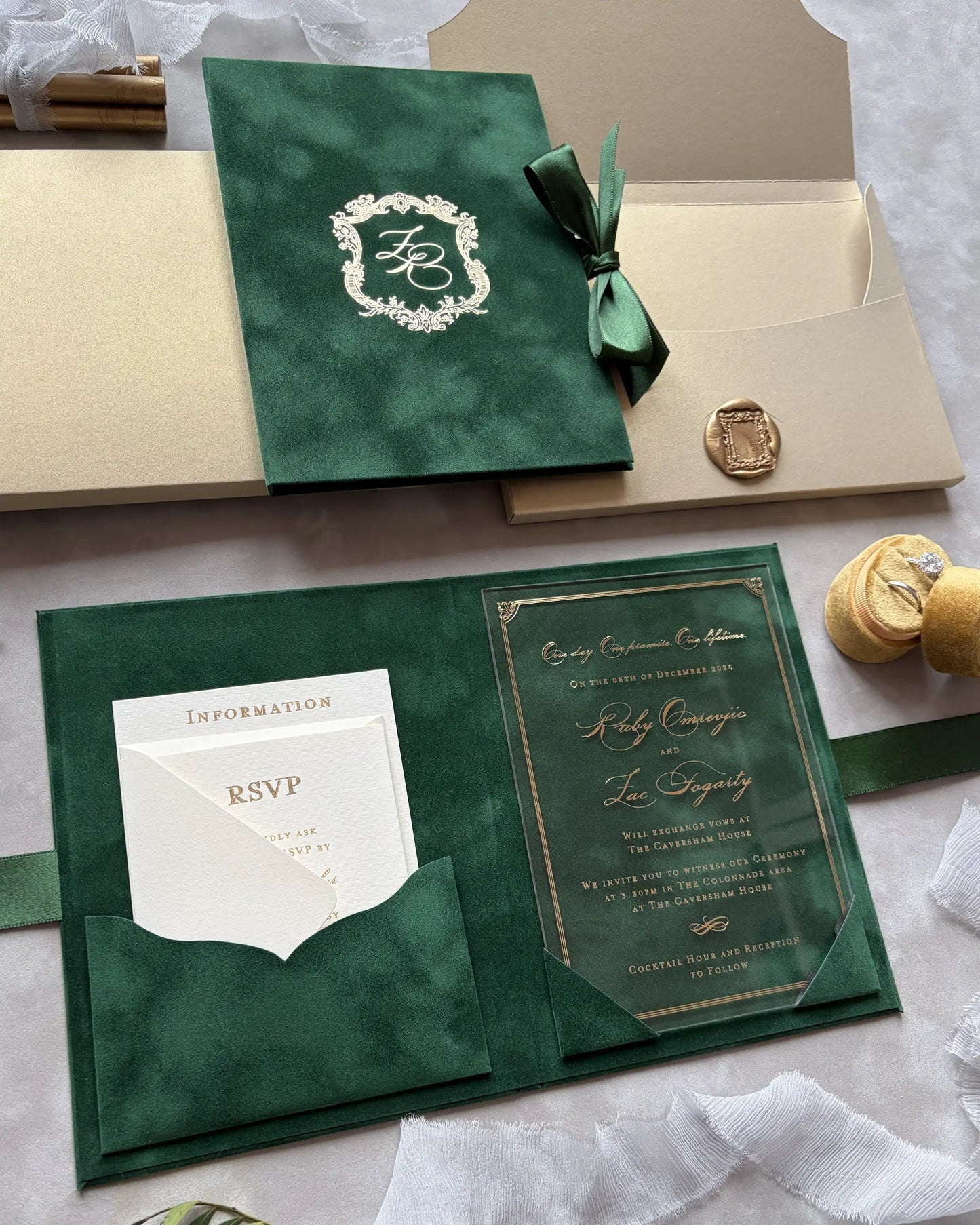 Buckingham Forest Green Velvet Folio open showing cardboard invitation insert and RSVP pocket — Polina Perri