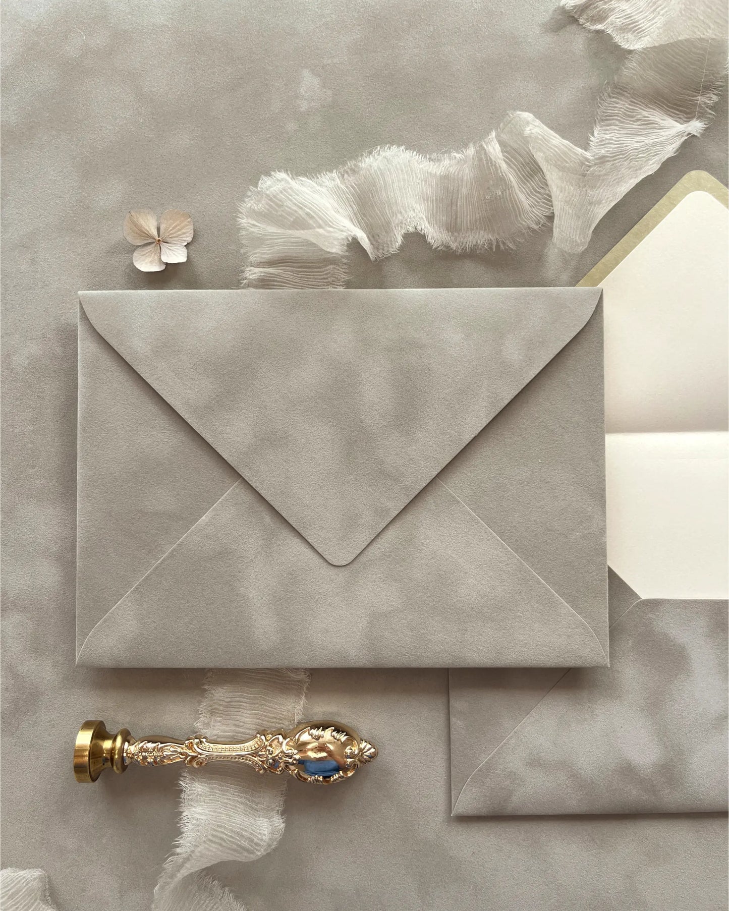 Platine Velvet Wedding Envelope showing soft suede texture with wax stamp and silk ribbon — Polina Perri