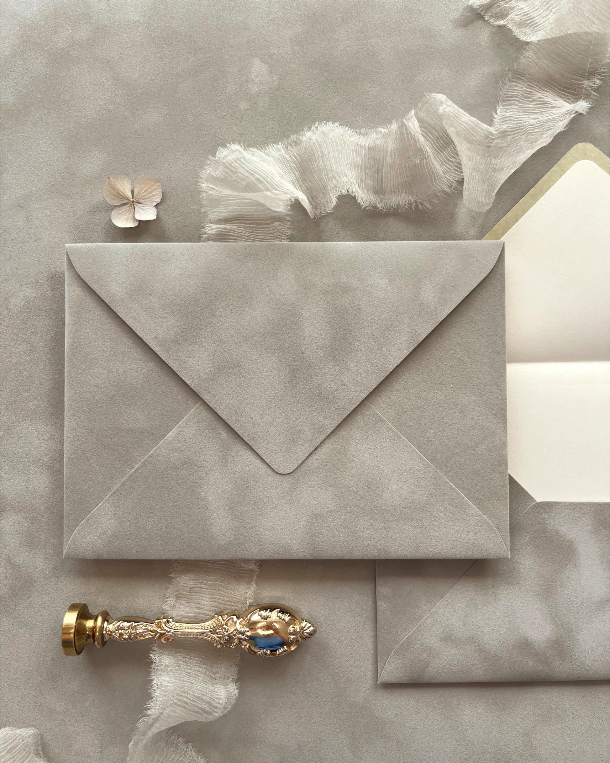 Platine Velvet Wedding Envelope showing soft suede texture with wax stamp and silk ribbon — Polina Perri