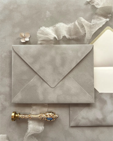 Platine Velvet Wedding Envelope showing soft suede texture with wax stamp and silk ribbon — Polina Perri