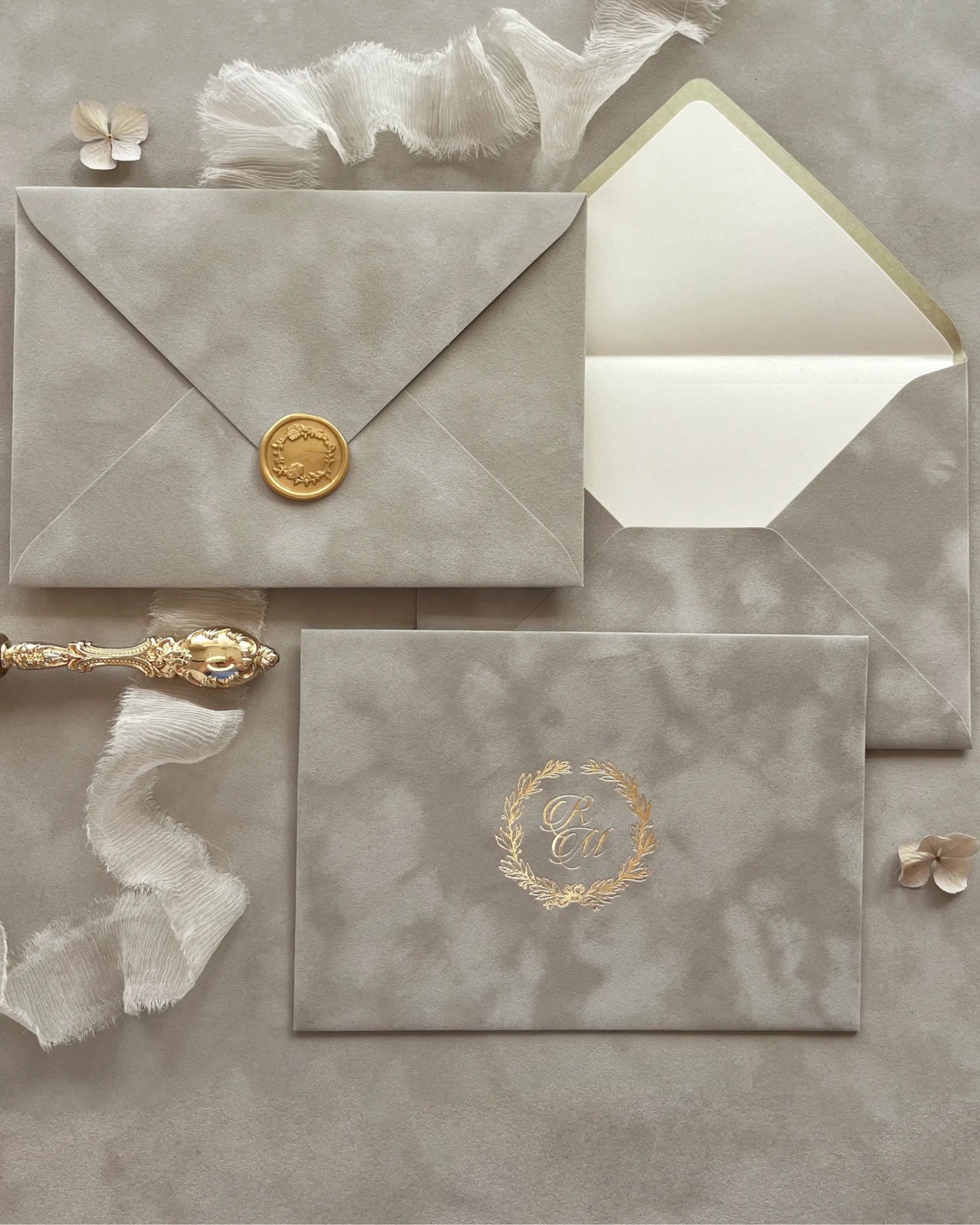 Platine Velvet Wedding Envelopes with gold wax seal, shimmer liner and gold foil wreath monogram card — Polina Perri