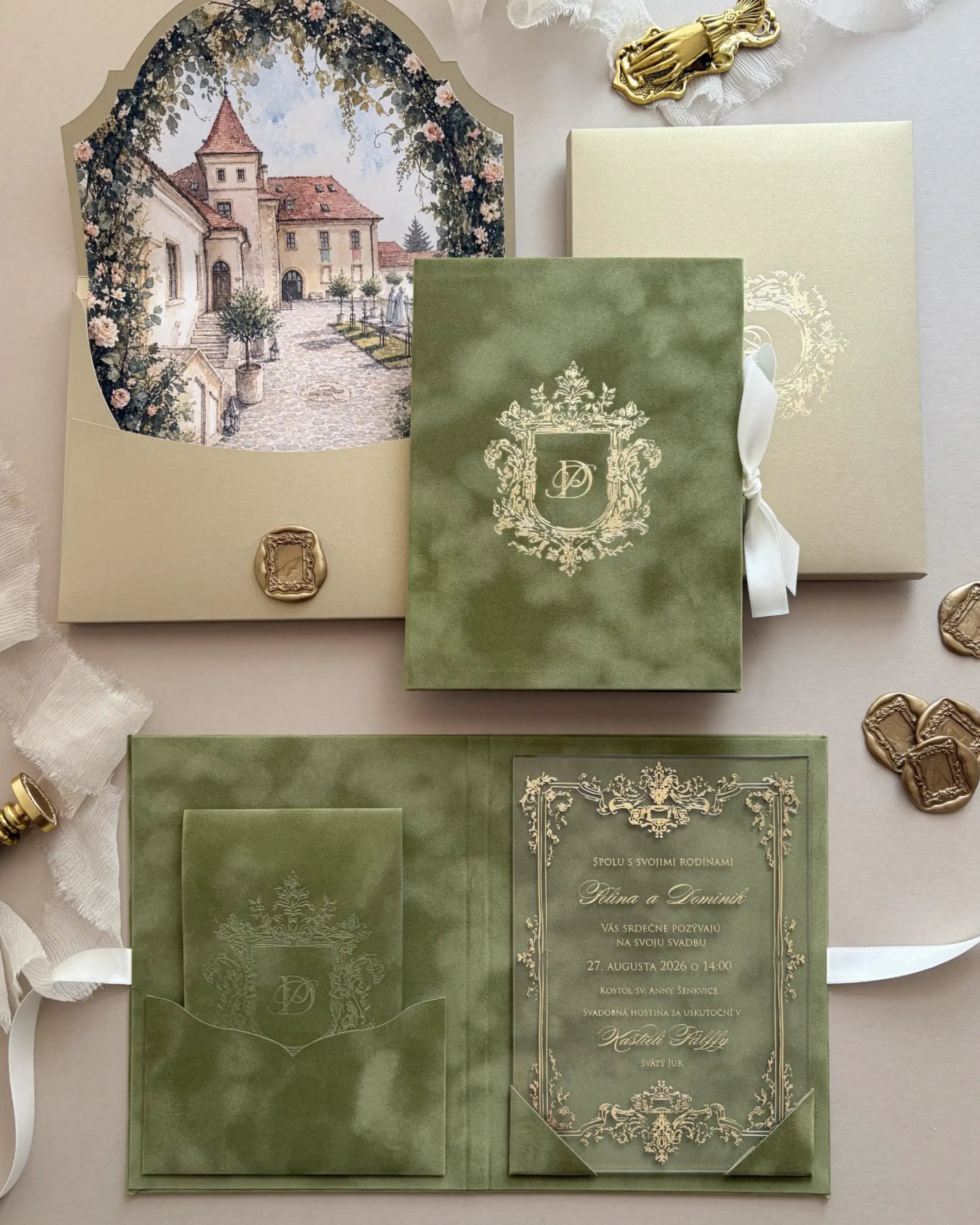 Heraldic Chic Moss Velvet Folio with gold heraldic crest, acrylic insert and Pálffy Manor watercolour venue liner — Polina Perri