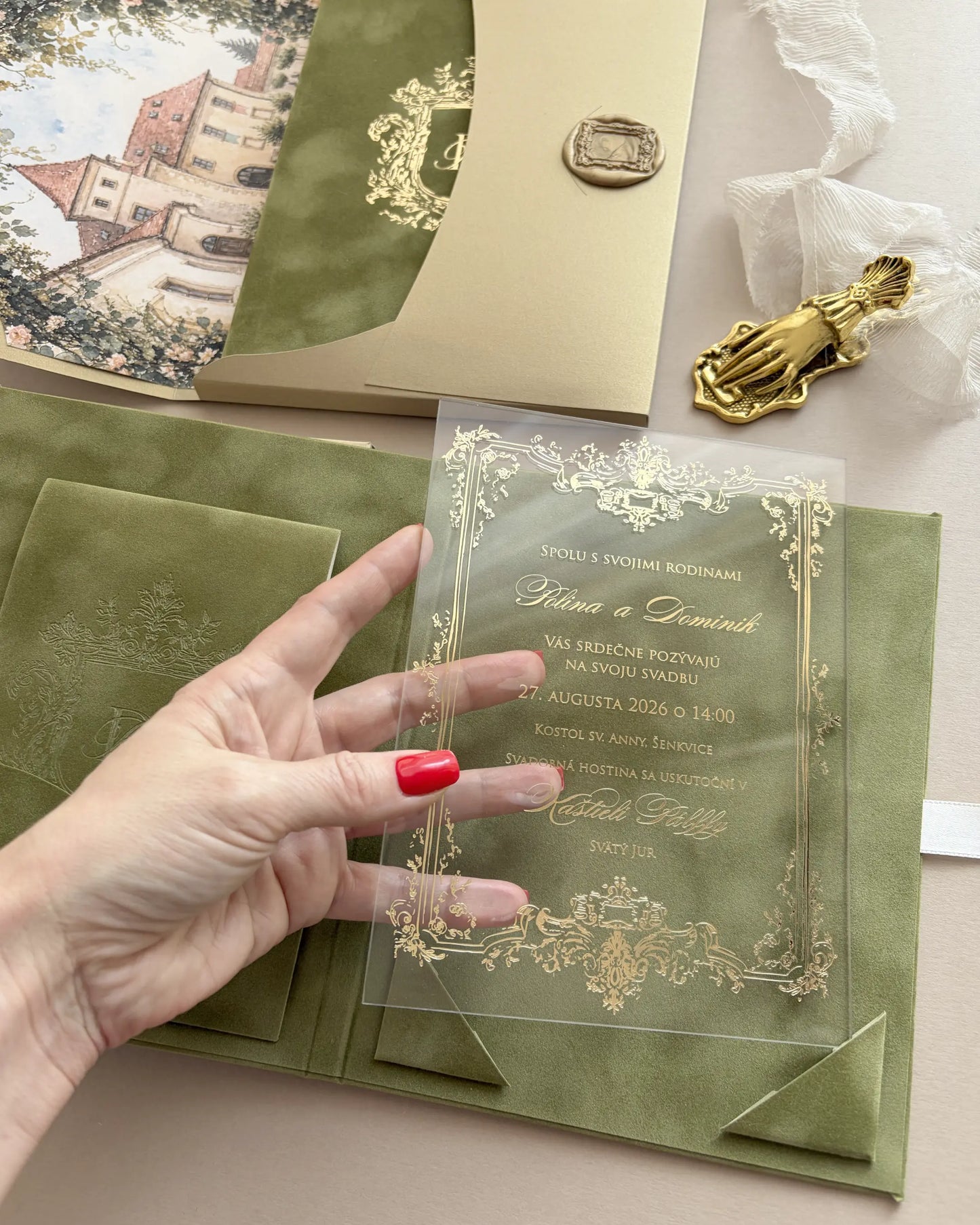 Heraldic Chic Moss Velvet Folio acrylic insert with gold baroque border and script wording — Polina Perri