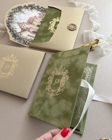 Heraldic Chic Moss Velvet Folio Wedding Invitation with watercolour Pálffy Manor venue liner and gold crest — Polina Perri