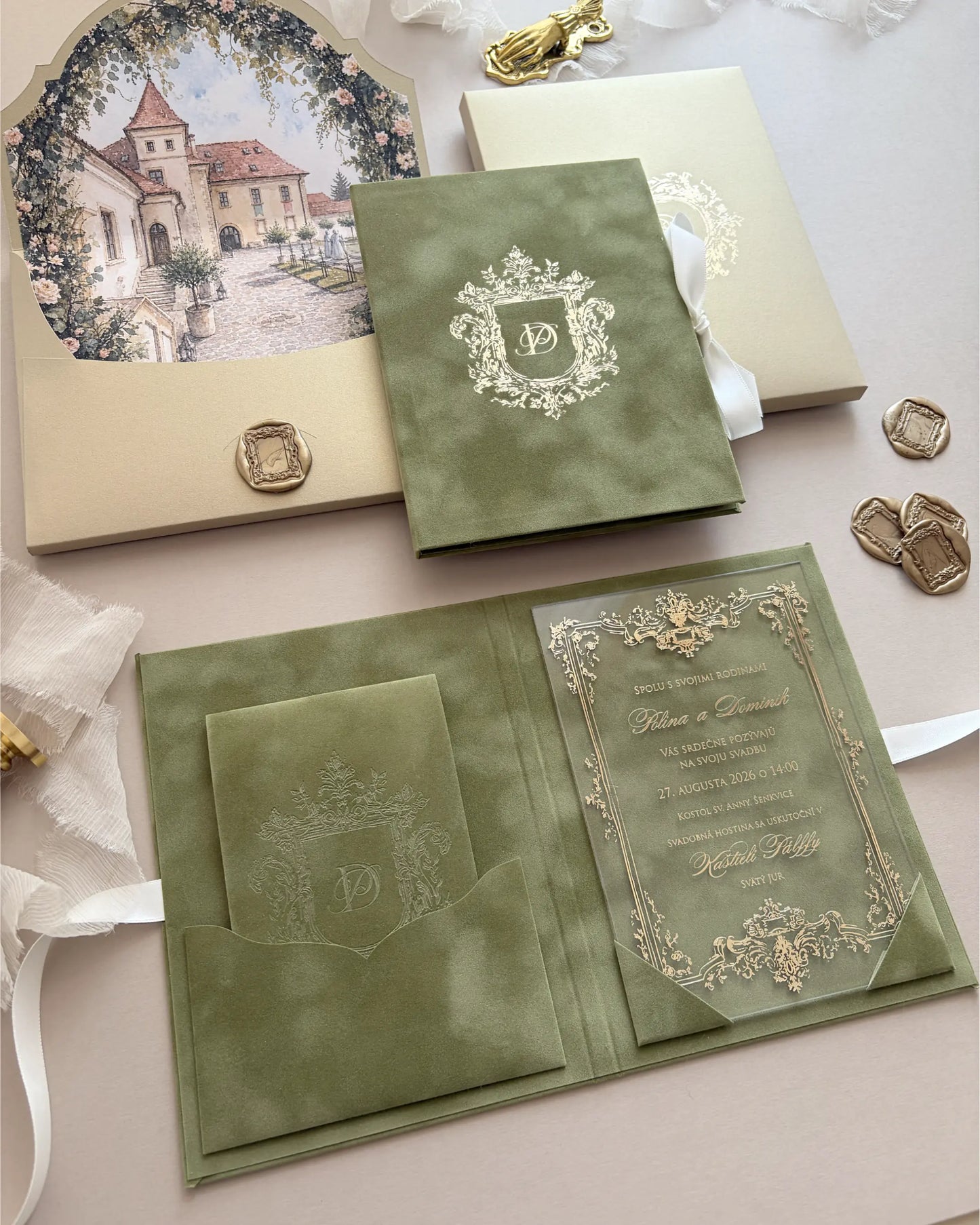 Heraldic Chic Moss Velvet Folio open with gold baroque acrylic insert and RSVP pocket — Polina Perri