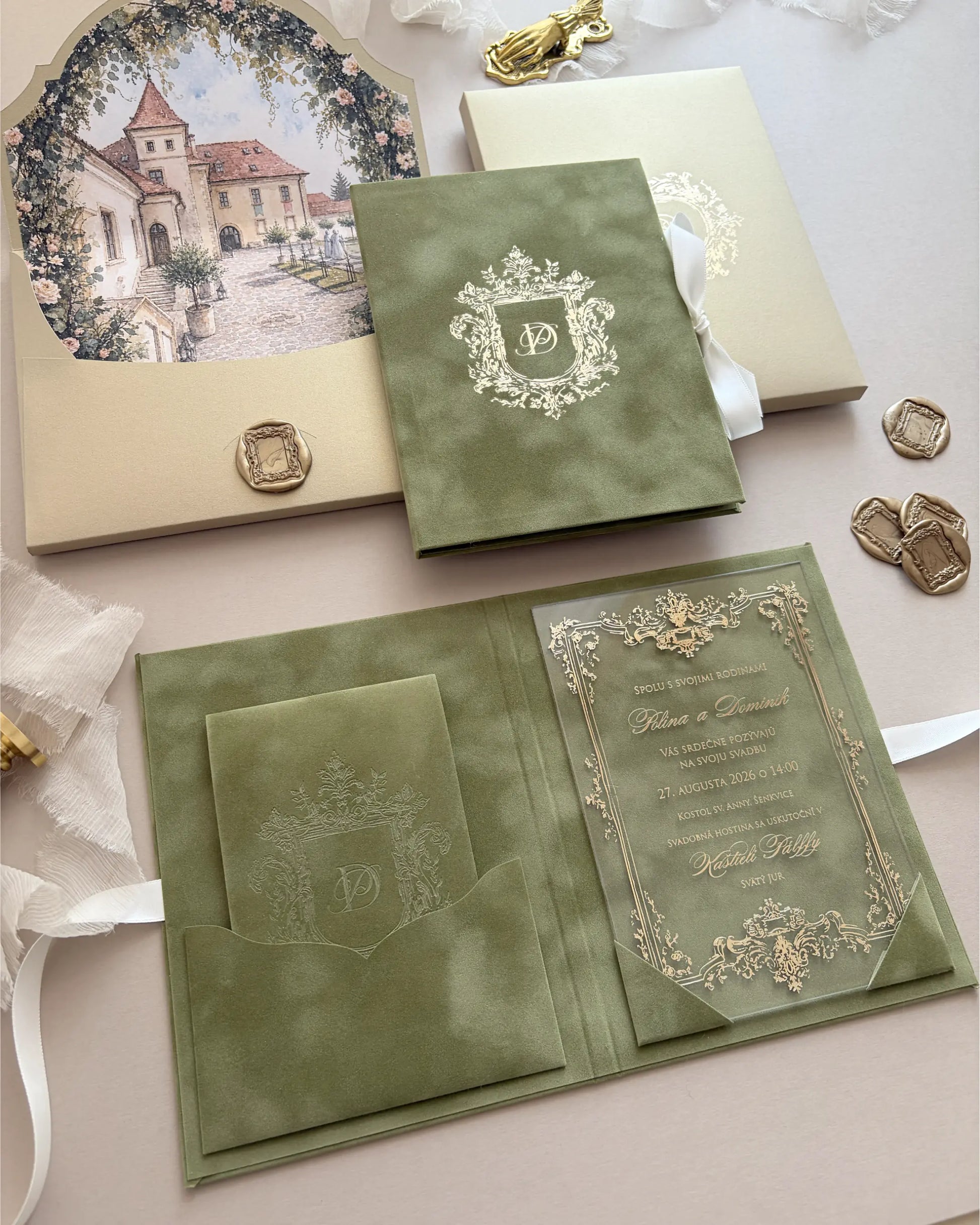 Heraldic Chic Moss Velvet Folio open with gold baroque acrylic insert and RSVP pocket — Polina Perri