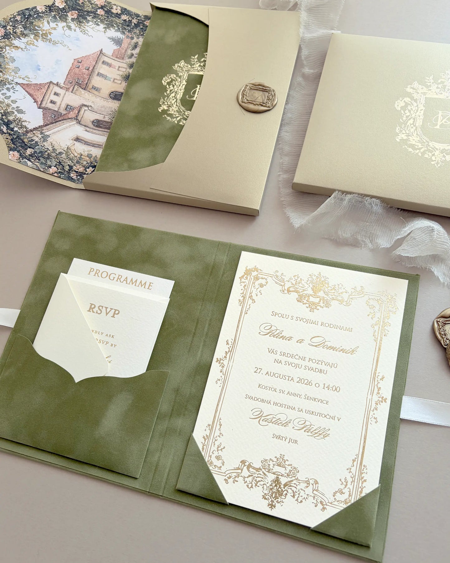 Heraldic Chic Moss Velvet Folio open with cream cardboard invitation insert and RSVP card — Polina Perri