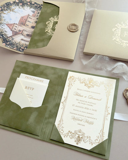 Heraldic Chic Moss Velvet Folio open with cream cardboard invitation insert and RSVP card — Polina Perri