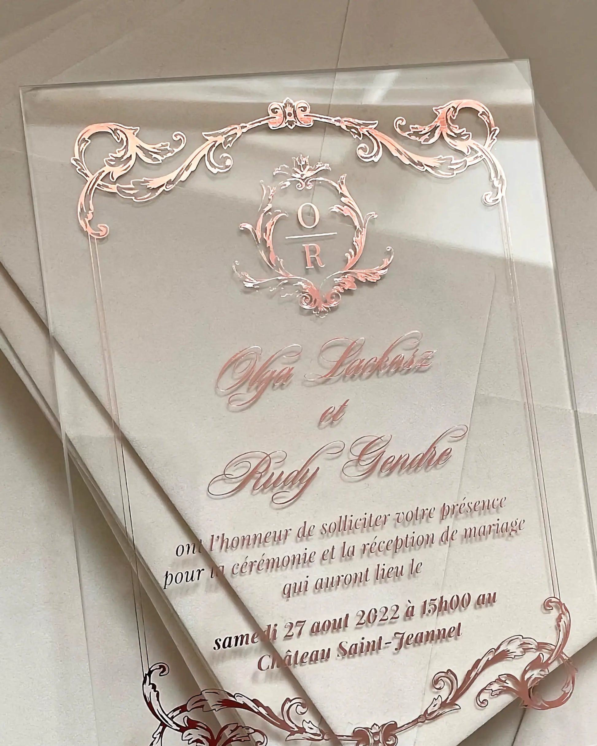 Isabelle Acrylic Wedding Invitation close-up with rose gold foil baroque border and script wording — Polina Perri
