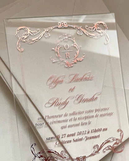 Isabelle Acrylic Wedding Invitation close-up with rose gold foil baroque border and script wording — Polina Perri