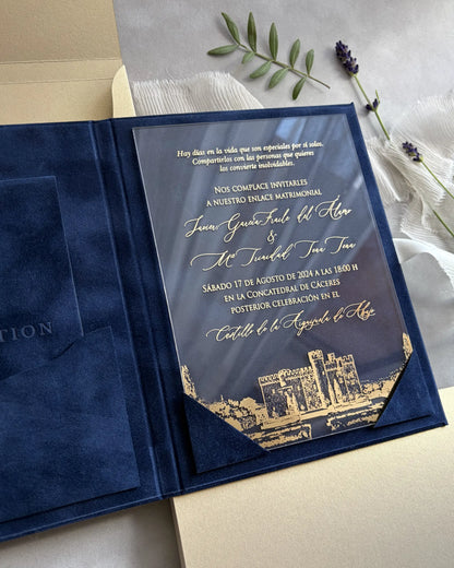 Isabelle Navy Blue velvet folio open with gold acrylic insert featuring Castillo de las Arguijuelas de Abajo venue illustration — Polina Perri