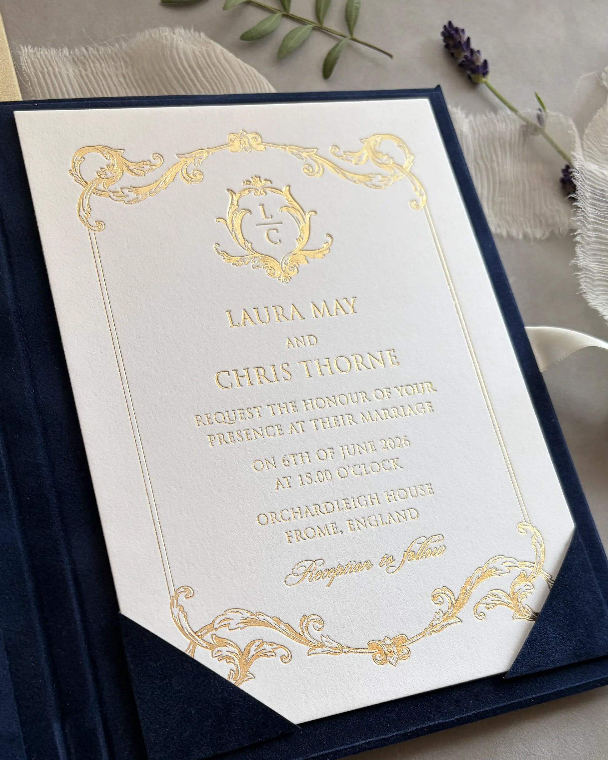 Isabelle Navy Blue velvet folio open with gold foil cardboard invitation insert close-up — Polina Perri