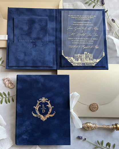 Isabelle Navy Blue velvet folio open with acrylic insert and gold monogram cover — Polina Perri