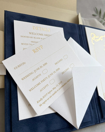 Isabelle Navy Blue velvet folio open with Details and RSVP insert cards — Polina Perri