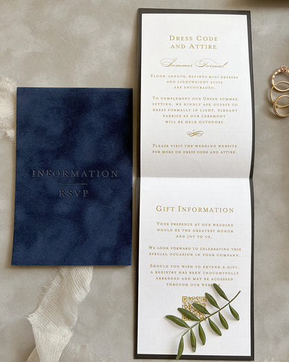 Isabelle Navy Blue velvet folio with embossed Information pocket and Dress Code insert card — Polina Perri