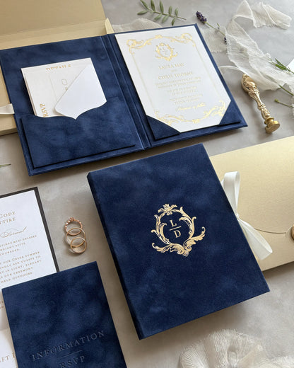 Isabelle Navy Blue velvet folio wedding invitation suite with gold monogram crest and insert suite — Polina Perri