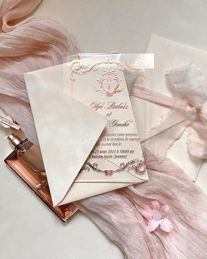 Isabelle Rose Gold Acrylic Wedding Invitation with Blush envelope and perfume on pink silk fabric — Polina Perri