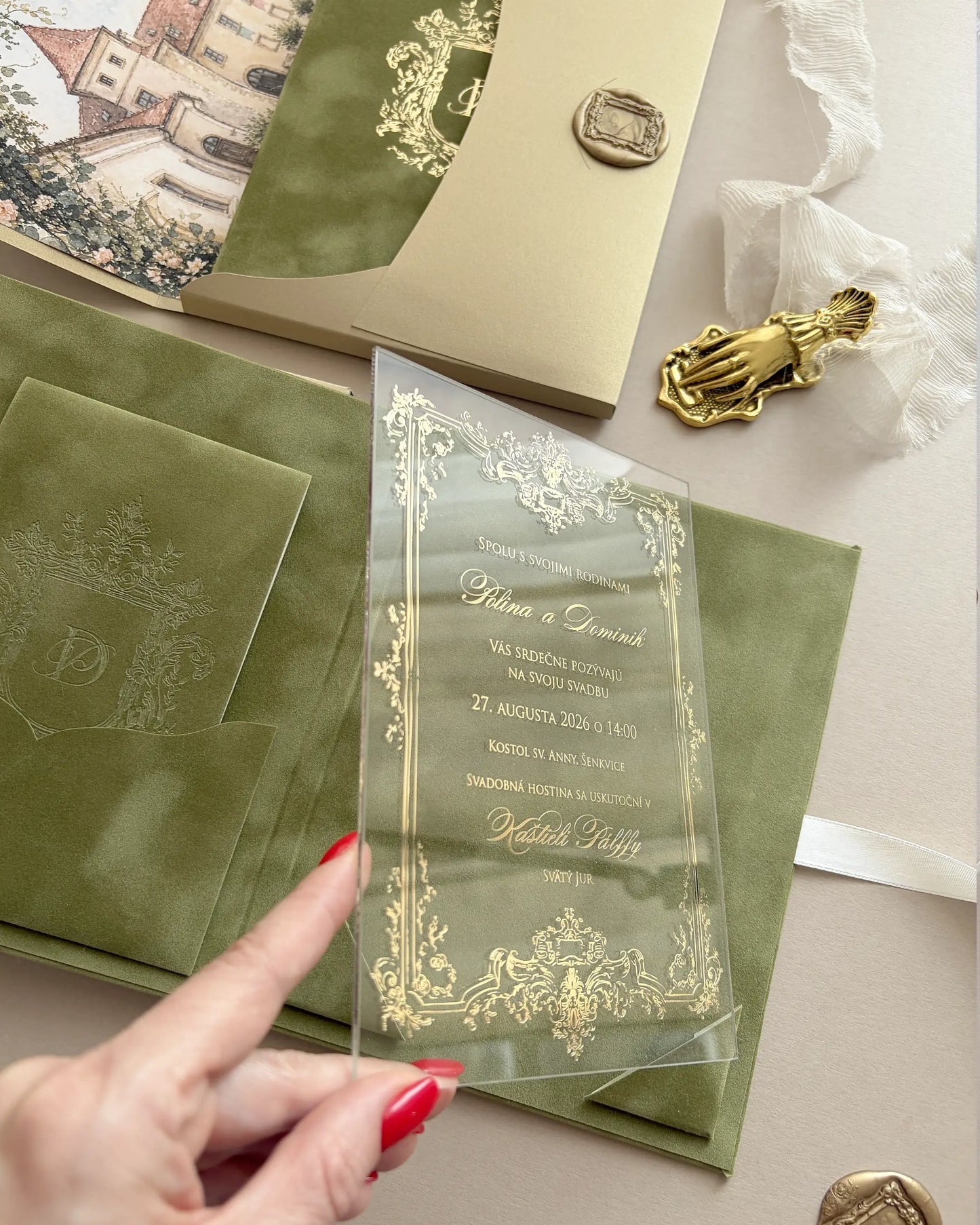 Heraldic Chic Moss Velvet Folio acrylic insert with gold baroque frame held over Moss velvet envelope — Polina Perri