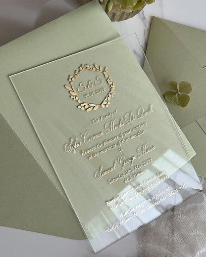 Eucalyptus Minimalist Acrylic wedding invitation with gold foil eucalyptus crest on Sage Green background — Polina Perri