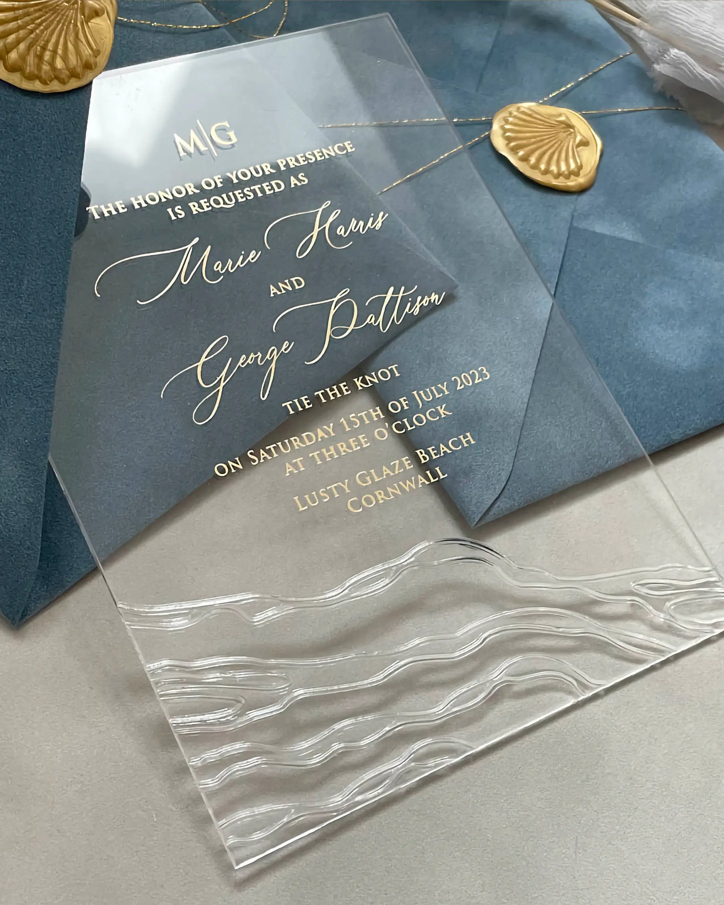 Seawaves Acrylic Wedding Invitation with gold foil monogram on Dusty Blue velvet envelope and gold shell seal — Polina Perri