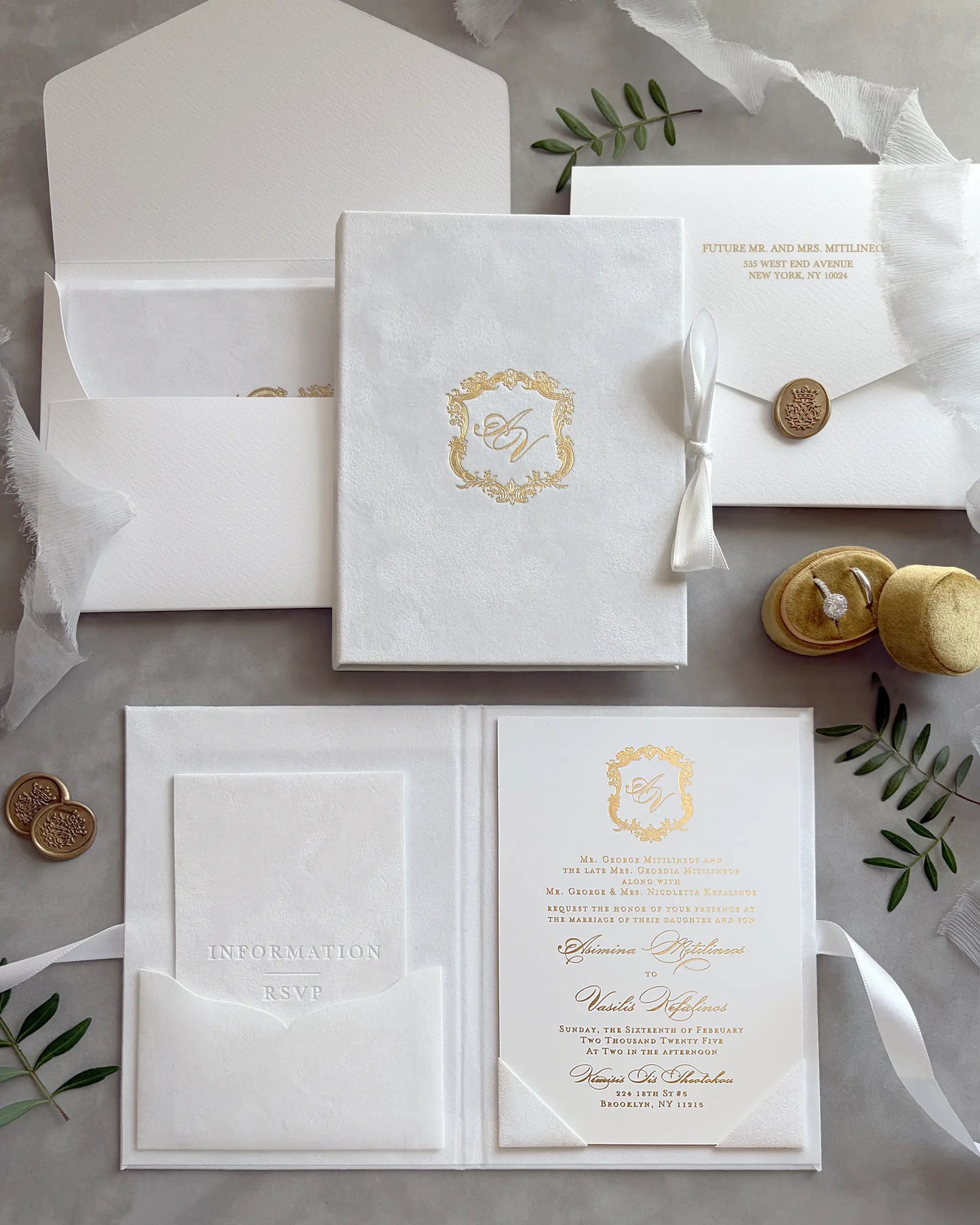 White Velvet Royal Style Folio wedding invitation suite with gold monogram, envelope and open card — Polina Perri