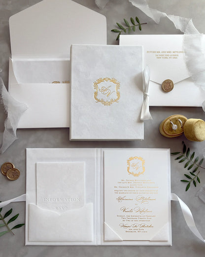 White Velvet Royal Style Folio wedding invitation suite with gold monogram, envelope and open card — Polina Perri