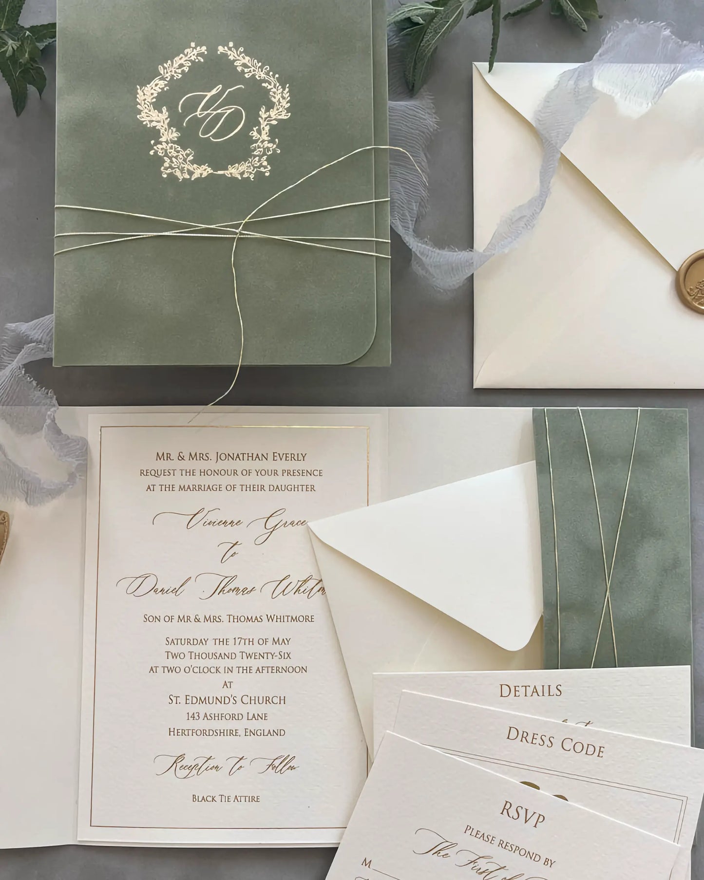 Virginie Sage Green velvet pocketfold with open invitation card and insert suite — Polina Perri
