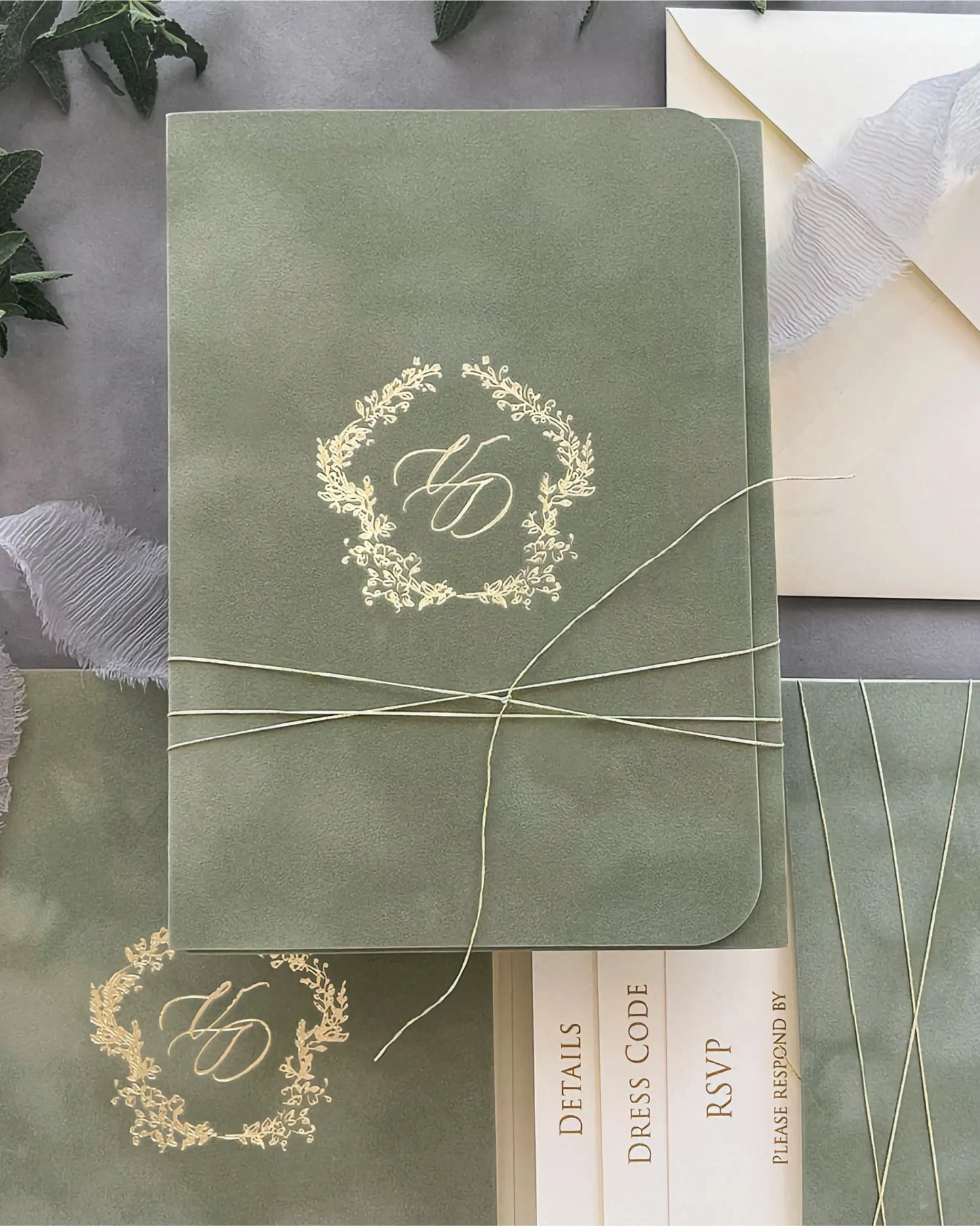 Virginie Sage Green velvet pocketfold with gold monogram, RSVP, Dress Code and Details inserts — Polina Perri
