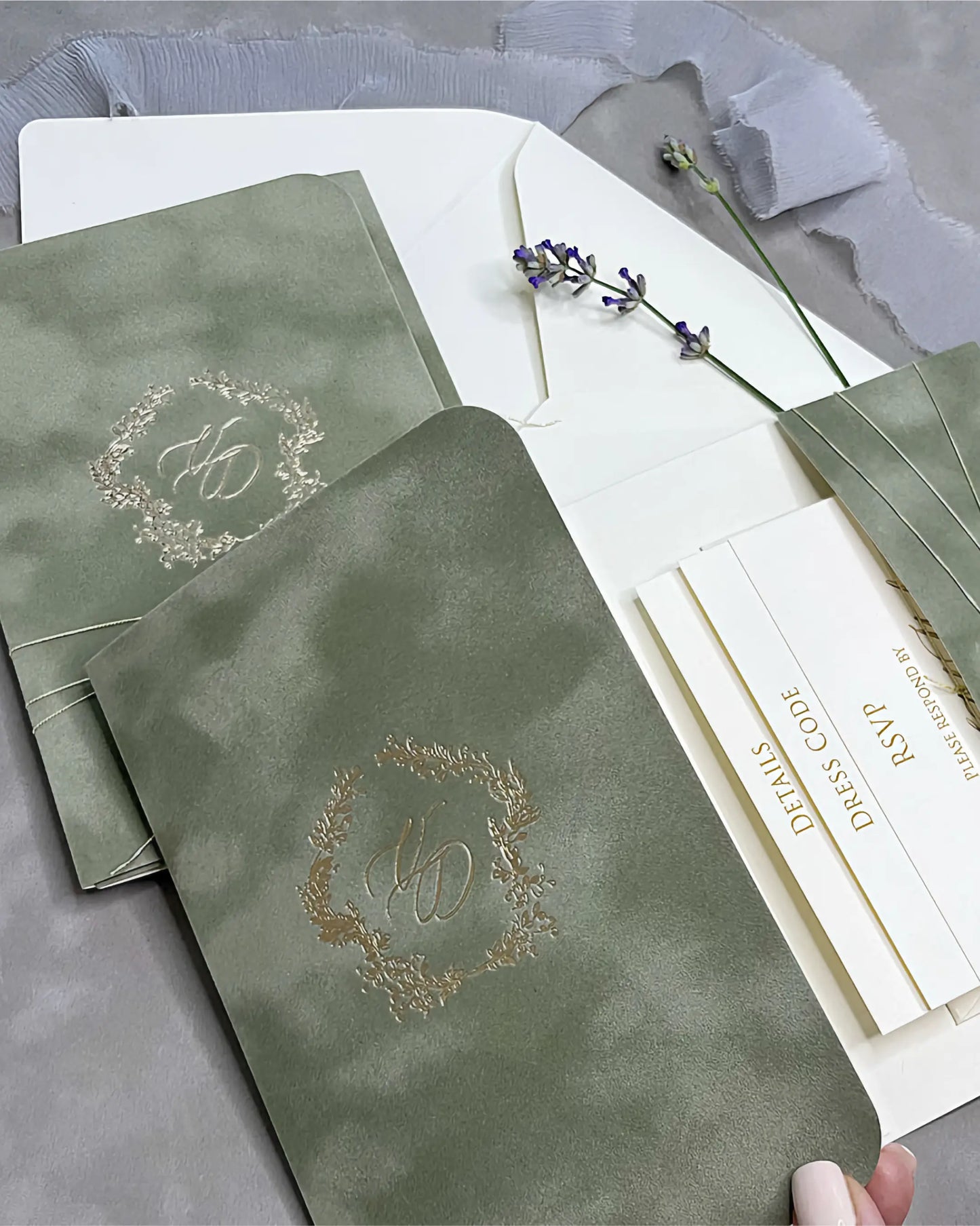 Virginie Sage Green velvet pocketfold close-up with gold foil monogram and insert cards — Polina Perri