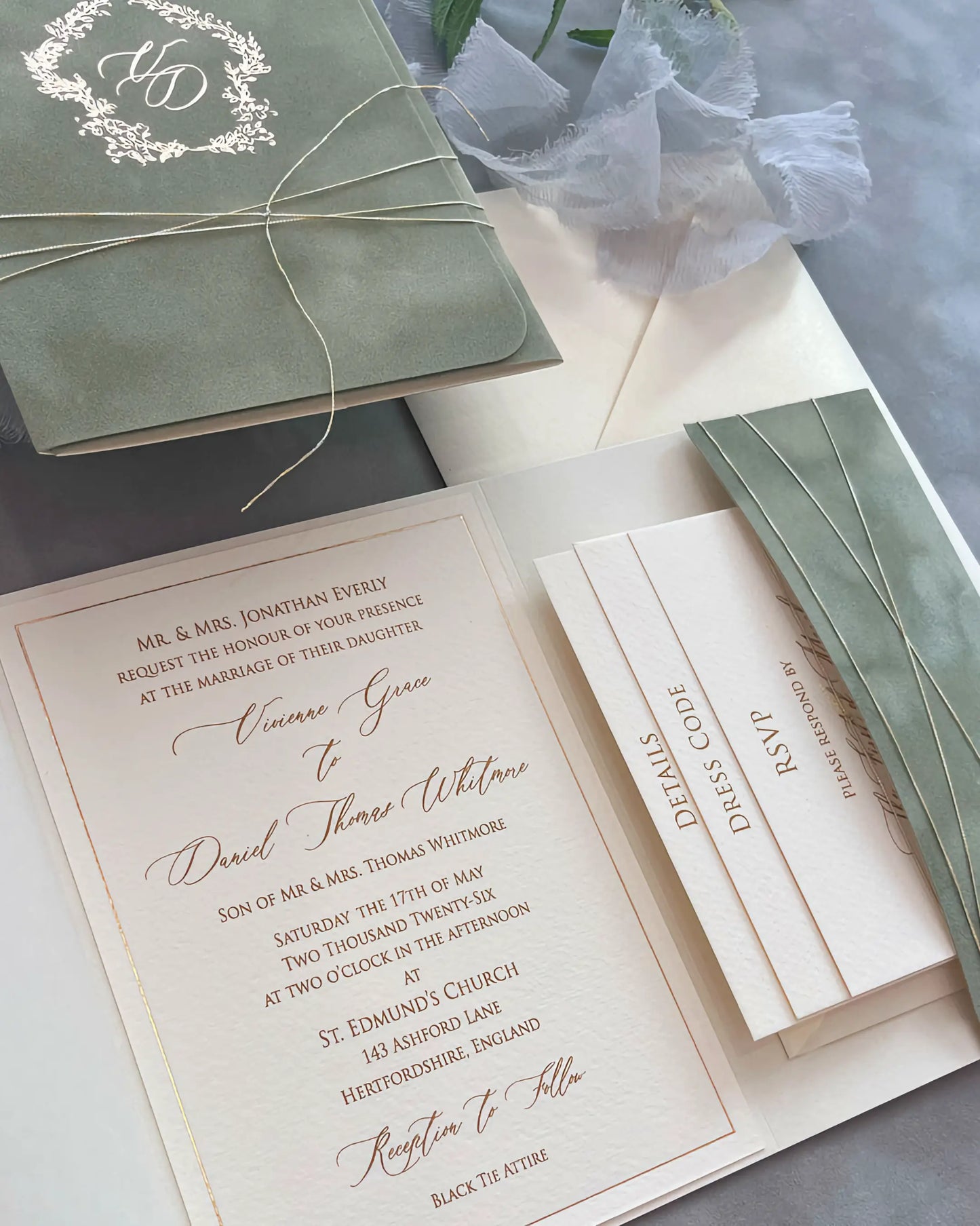 Virginie Sage Green velvet pocketfold with open invitation card and insert tabs — Polina Perri
