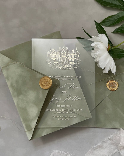 Venue Acrylic Wedding Invitations with sage green envelope, gold wax seals and white peony — Polina Perri