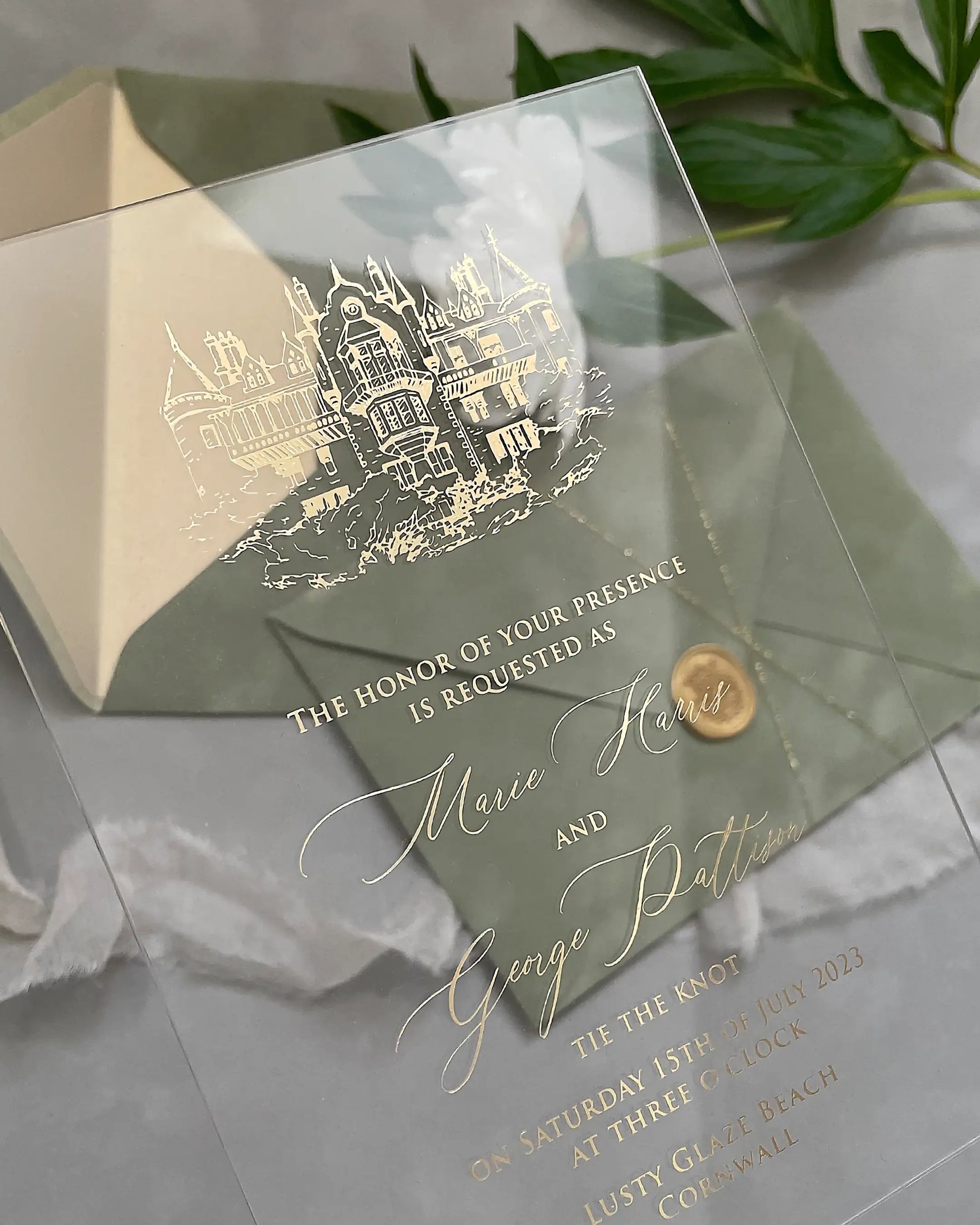 Venue Acrylic Wedding Invitation with gold foil venue illustration and wax seal on sage green envelope — Polina Perri