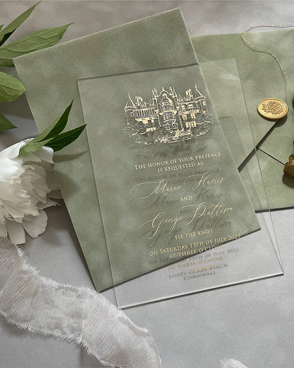 Venue Acrylic Wedding Invitation on sage green velvet envelope with gold wax seal and white peony — Polina Perri