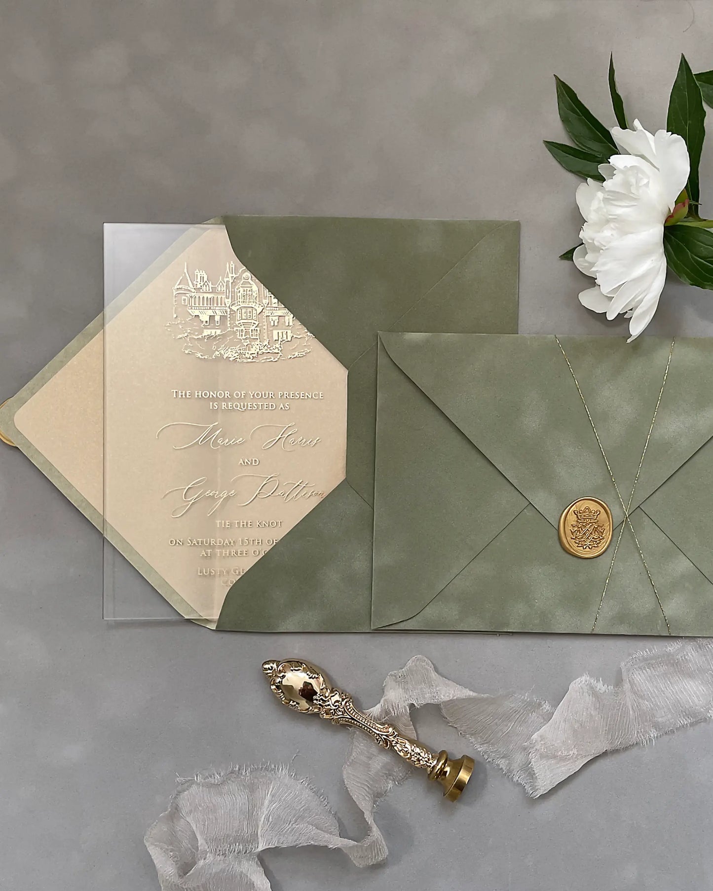 Venue Acrylic Wedding Invitation with sage green and nude envelopes, gold wax seal and wax stamp tool — Polina Perri