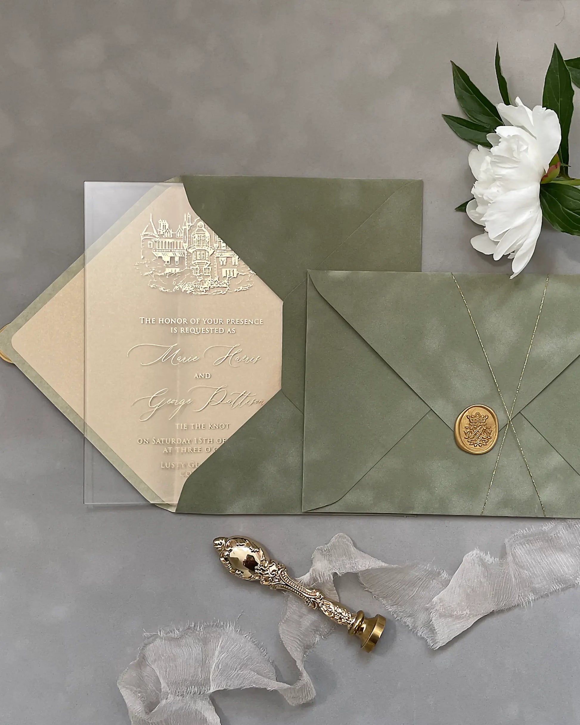 Venue Acrylic Wedding Invitation with sage green and nude envelopes, gold wax seal and wax stamp tool — Polina Perri
