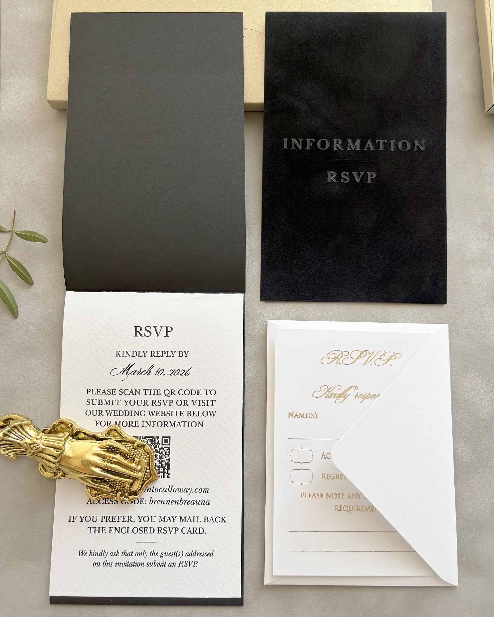 Black Velvet Venue Folio Wedding Invitations with Information and RSVP cards — Polina Perri