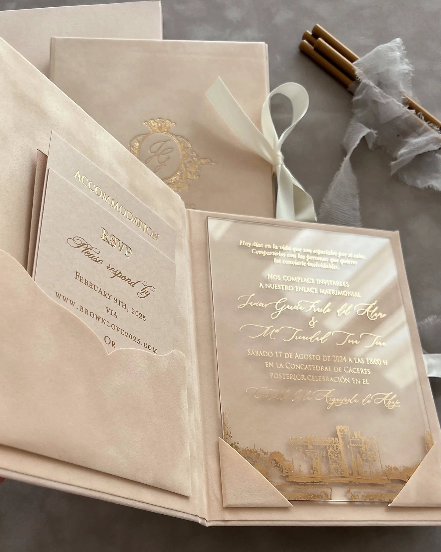 Vienna Blush Velvet Folio with Blush envelope, accommodation and RSVP inserts — Polina Perri