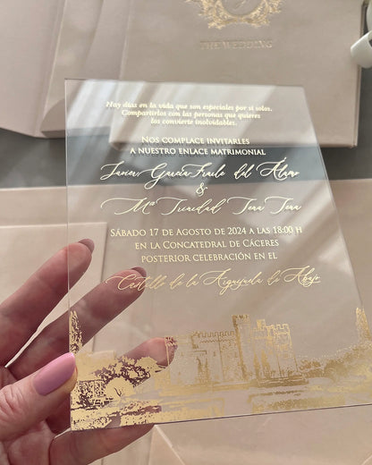 Vienna Blush Velvet Folio acrylic insert with gold foil venue illustration and script wording — Polina Perri